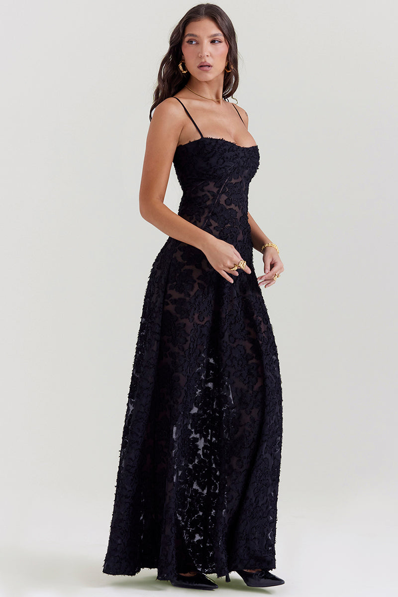 Floral Jacquard Lace Gothic Party Flowy Slip Maxi Dresses-Black