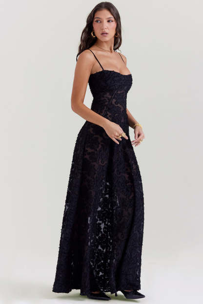 Floral Jacquard Lace Gothic Party Flowy Slip Maxi Dresses-Black