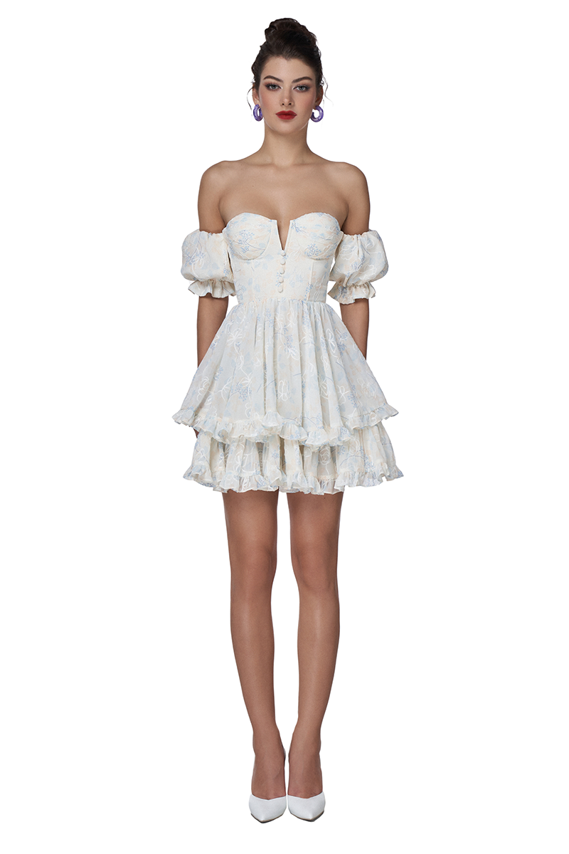 Off Shoulder Puff Sleeve Button Layered Floral Mini Dresses-Beige