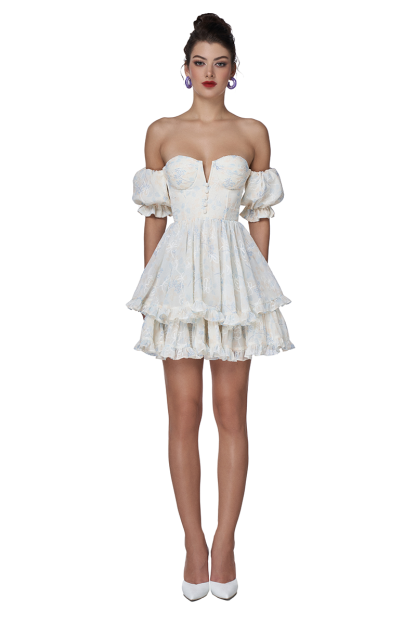 Off Shoulder Puff Sleeve Button Layered Floral Mini Dresses-Beige