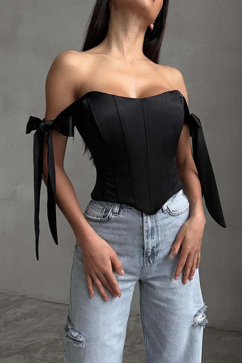 Off Shoulder Ribbon Decor Asymmetric Hem Party Plain Corset Top-Blue