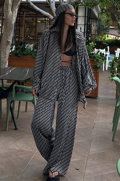 Graphic Print Long Sleeve Blouse Wide Leg Pants Matching Set-Black