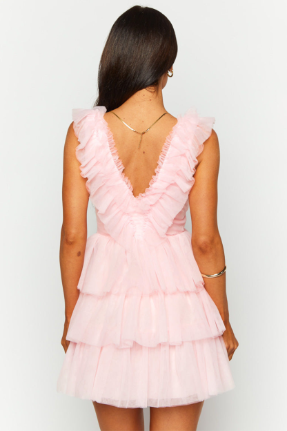 Ruffled Deep V Neck Tiered Hem Sleeveless Mini Dresses-Pink