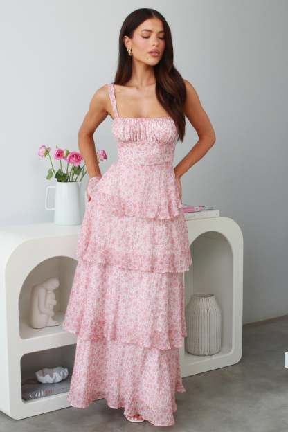 Ditsy Floral Print Tiered Ruffled Maxi Strappy Dresses-Pink