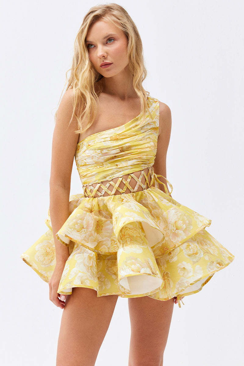 One Shoulder Wrinkle Lace-Up Party Tulle Hem Mini Dresses-Yellow Pre Order