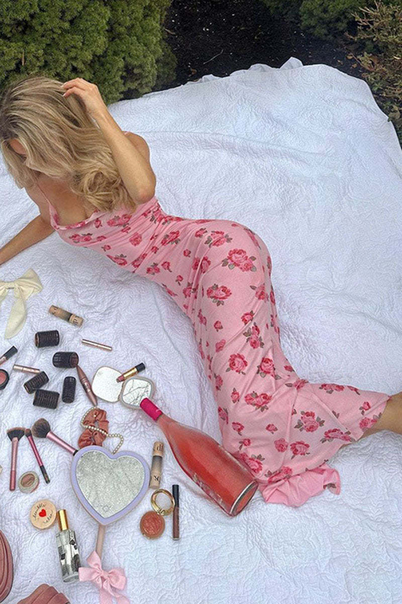 Cowl Neck Floral Print Garden Party Flowy Maxi Slip Dresses-Pink