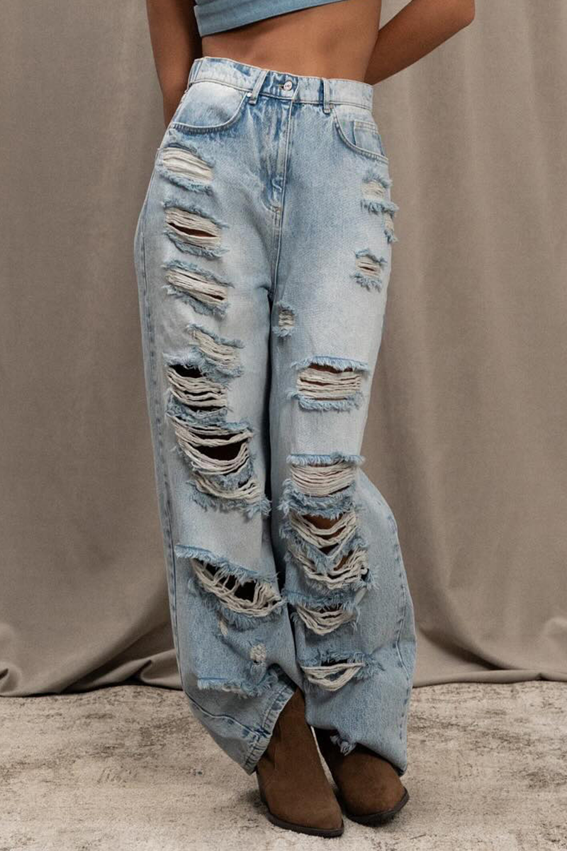 Denim Ripped Wide Leg Raw Edge Casual Jeans-Blue