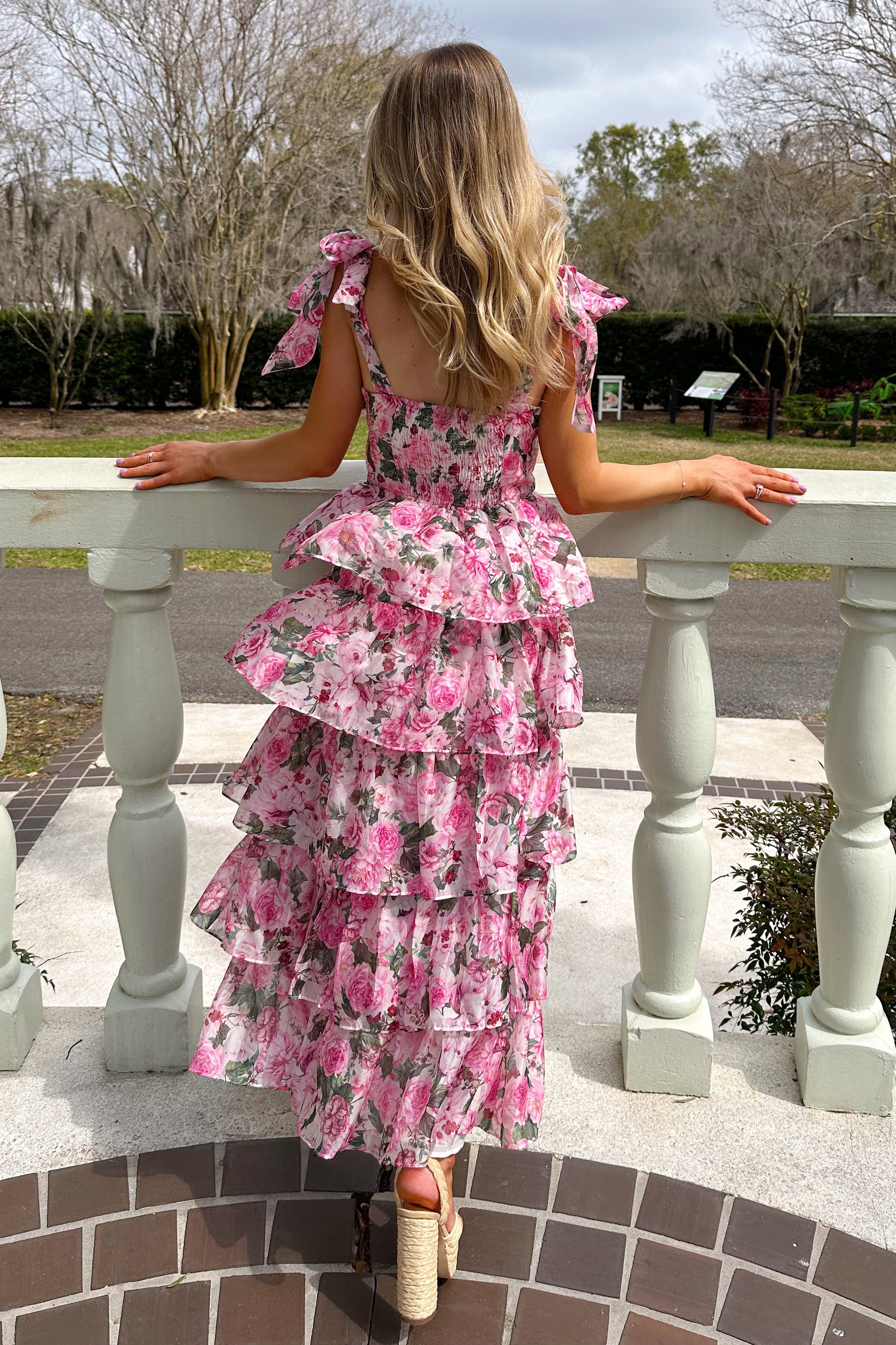 Floral Print Tie Up Cami Tiered Ruffled Hem Midi Dresses-Pink