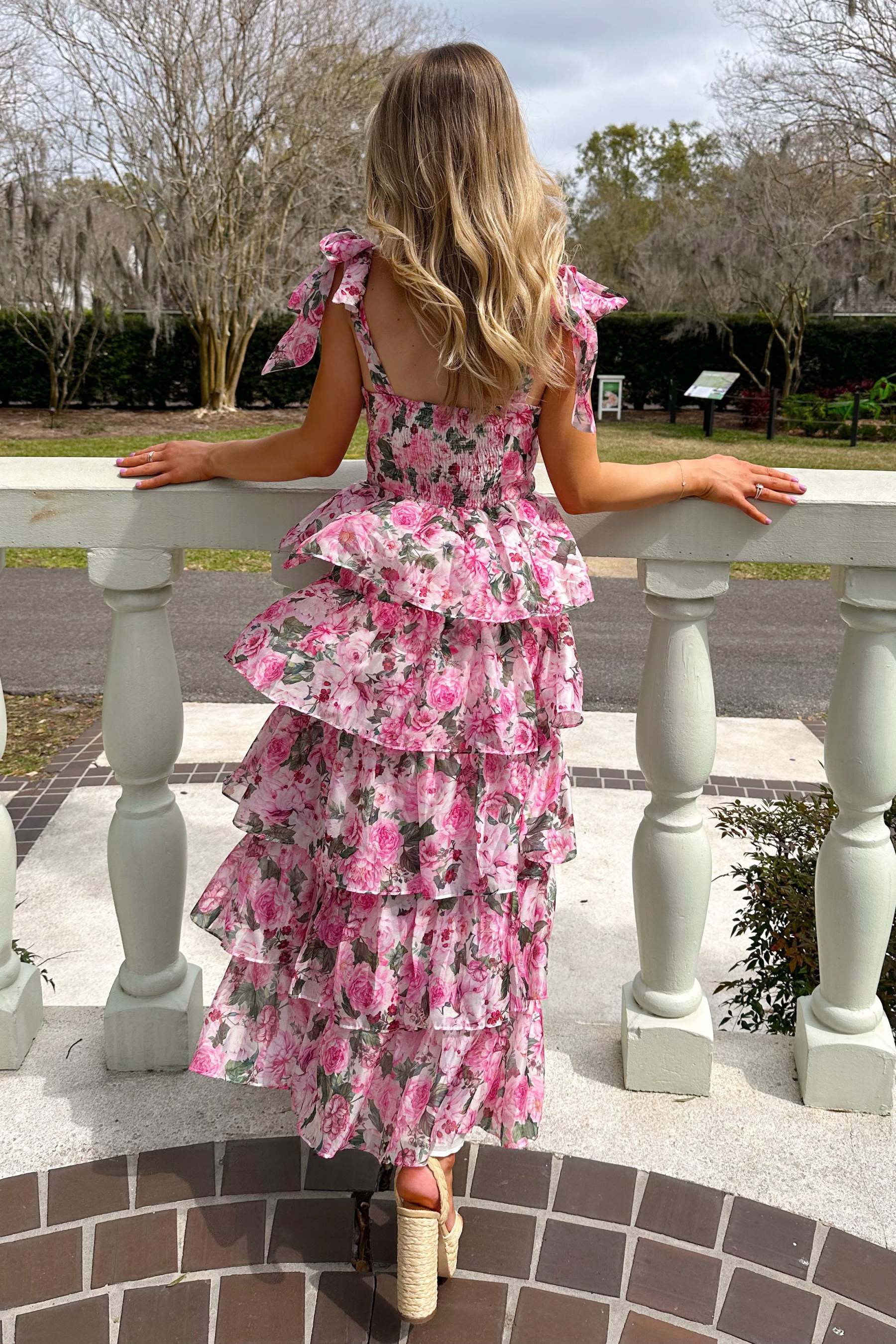 Floral Print Tie Up Cami Tiered Ruffled Hem Midi Dresses-Pink