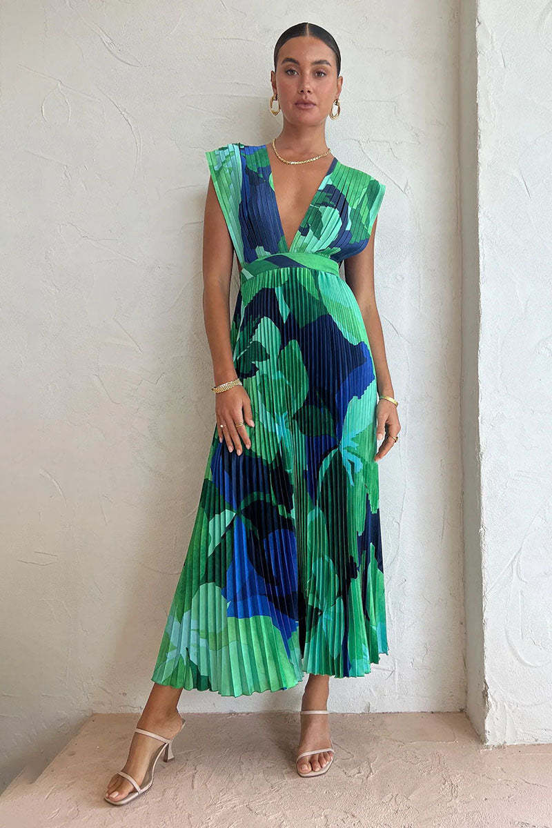 V Neck Sleeveless A-Line Print Maxi Dresses