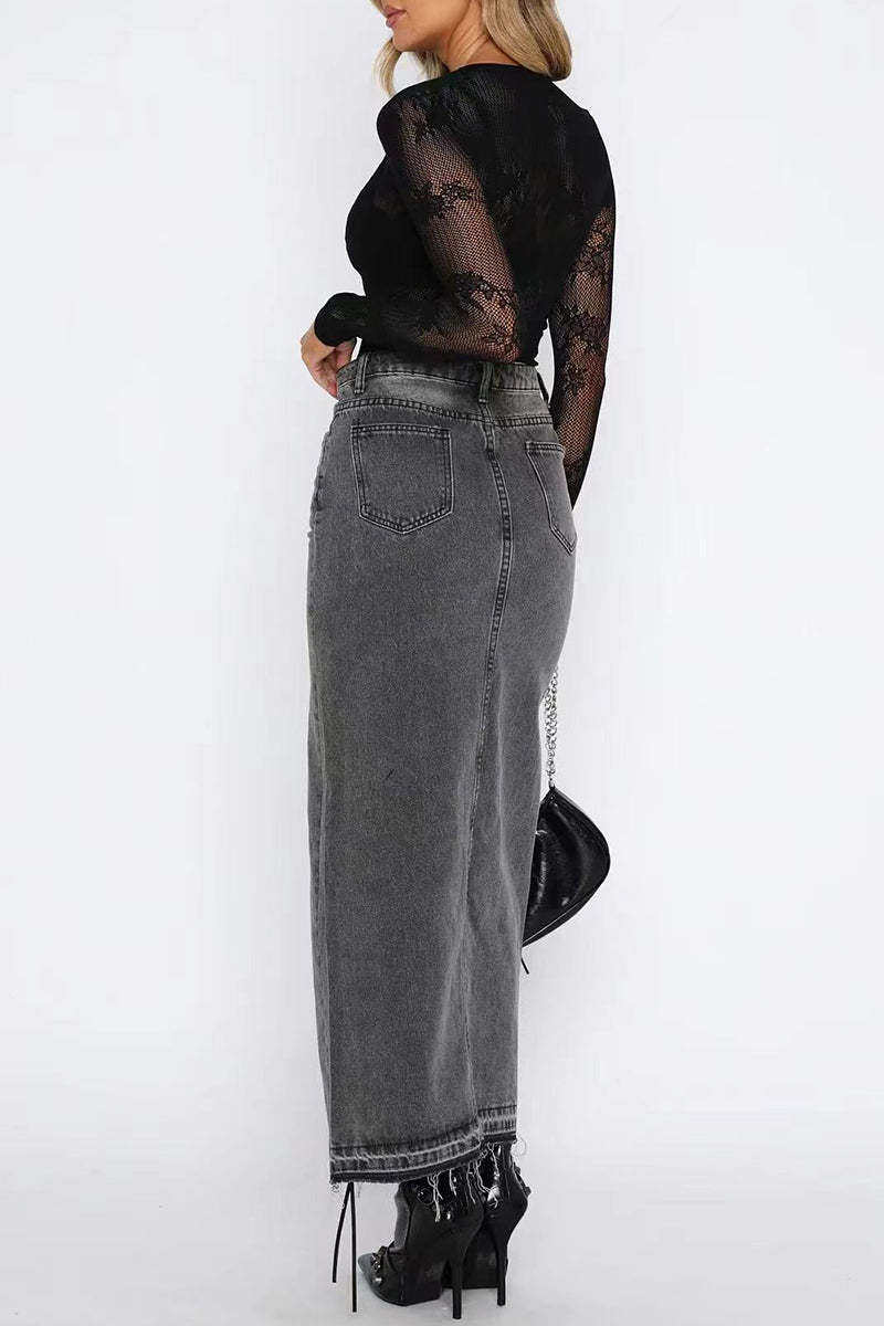 Denim Bodycon Slit Front Pocket Maxi Skirt-Blue