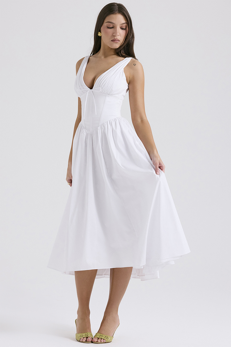 Deep V Neck Cinch Waist Solid Color Midi Tank Dresses-White