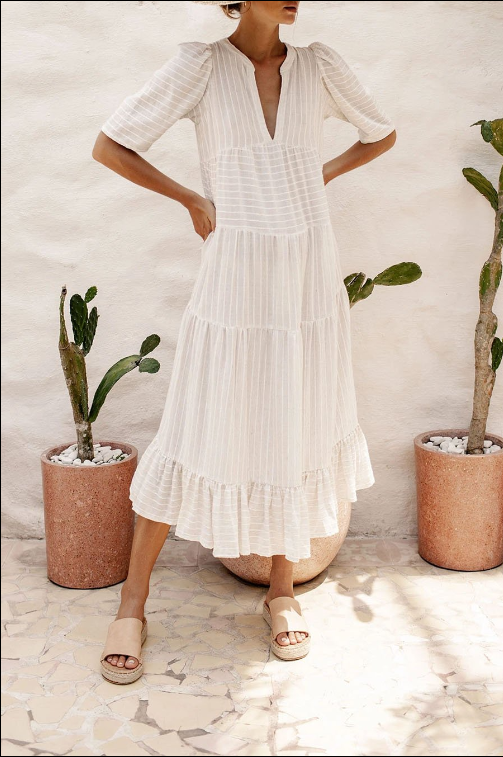 Deep V neck Half Sleeve Maxi Dress - Beige