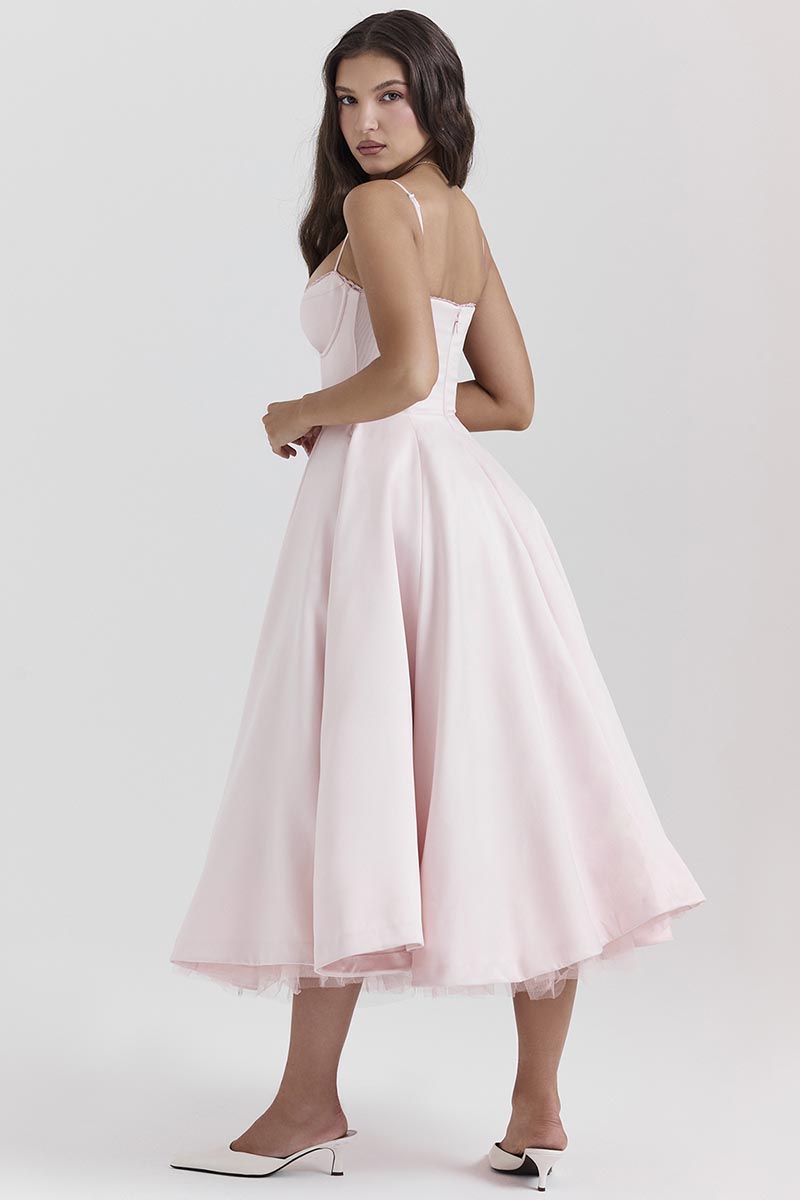 Elegant Cinch Waist Party Bridesmaid Tulle Layered Midi Slip Dresses-Pink