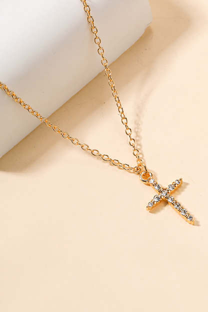 Rhinestone Cross Pendant Alloy Necklace-Gold