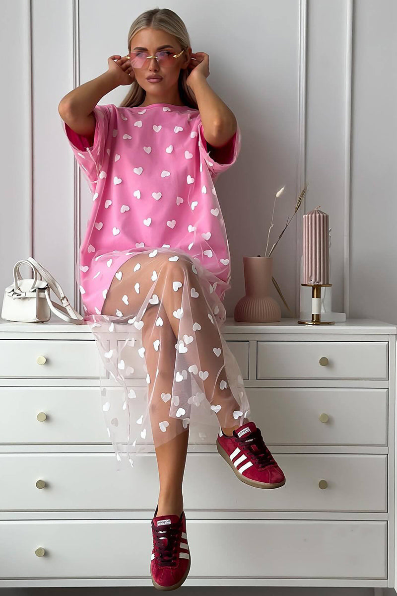 Heart Print Mesh Patchwork Short Sleeve T-shirt Midi Dresses-White