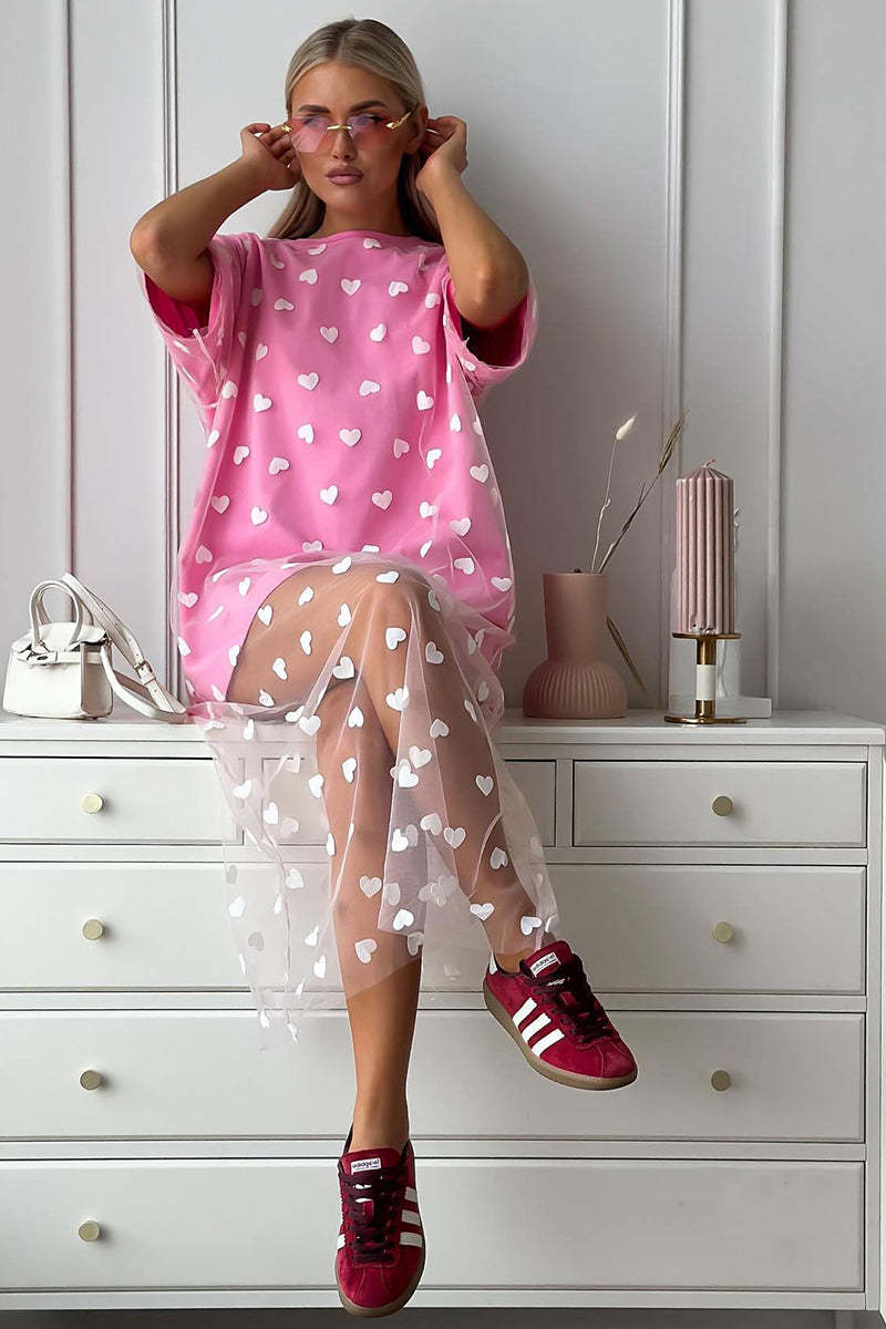 Heart Print Mesh Patchwork Short Sleeve T-shirt Midi Dresses-White