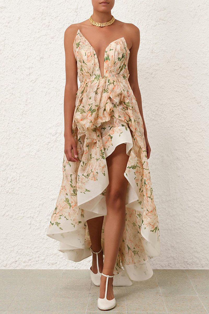 Floral Print Strapless A-Line High-Low Hem Maxi Dresses-Beige Pre Order