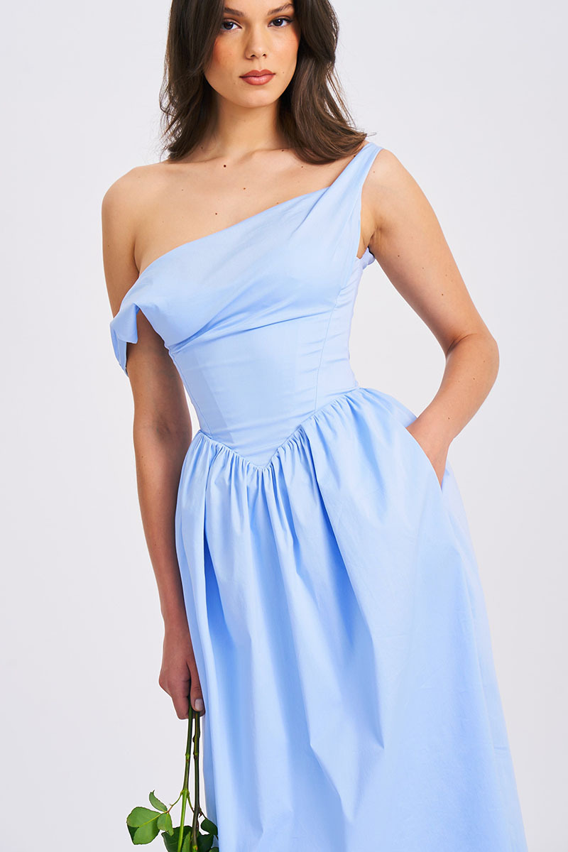 Cowl Neck Lace Up Cinch Waist Solid Color Midi Dresses-Blue Pre Order