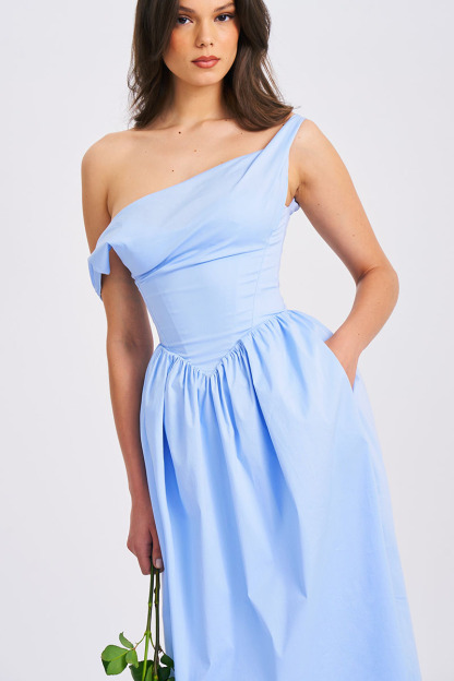 Cowl Neck Lace Up Cinch Waist Solid Color Midi Dresses-Blue Pre Order