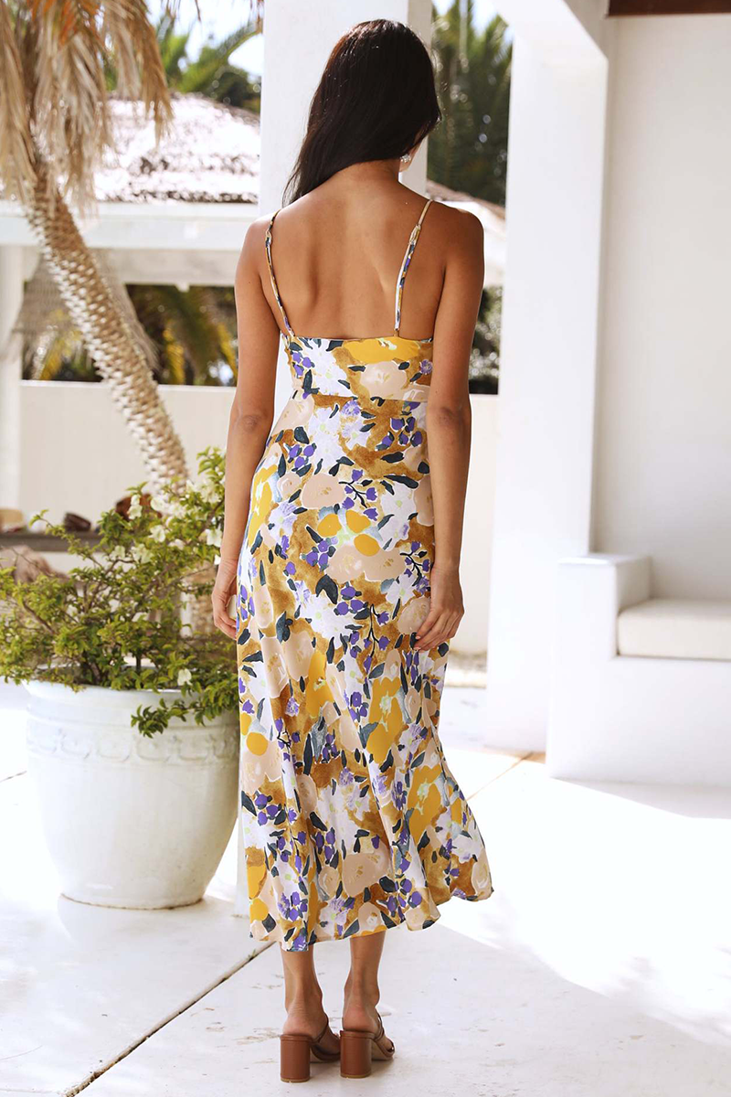 Floral Print Irregular Neck Spaghetti Strap Slit Midi Dresses-Yellow