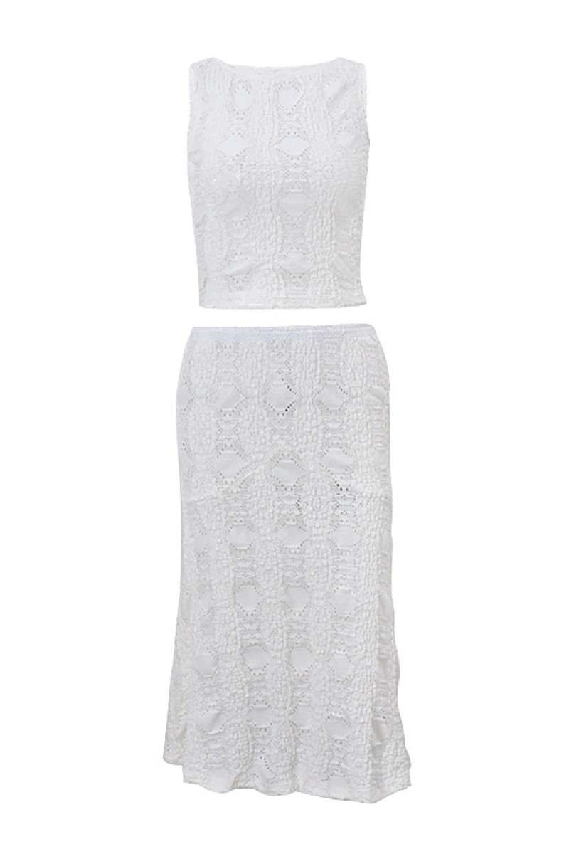 Textured Pattern Crop Tank Top Flowy Midi Skirt Matching Set-White