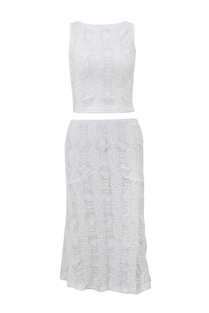 Textured Pattern Crop Tank Top Flowy Midi Skirt Matching Set-White