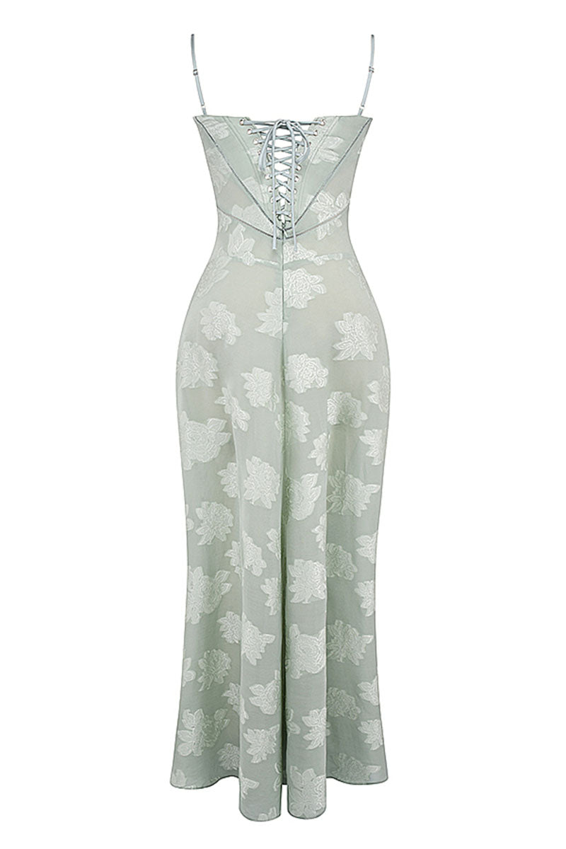 Elegant Floral Print Quilted Lace Up Back Formal Party Flowy Maxi Dresses-Green