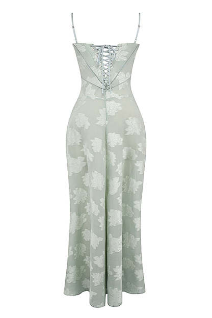 Elegant Floral Print Quilted Lace Up Back Formal Party Flowy Maxi Dresses-Green