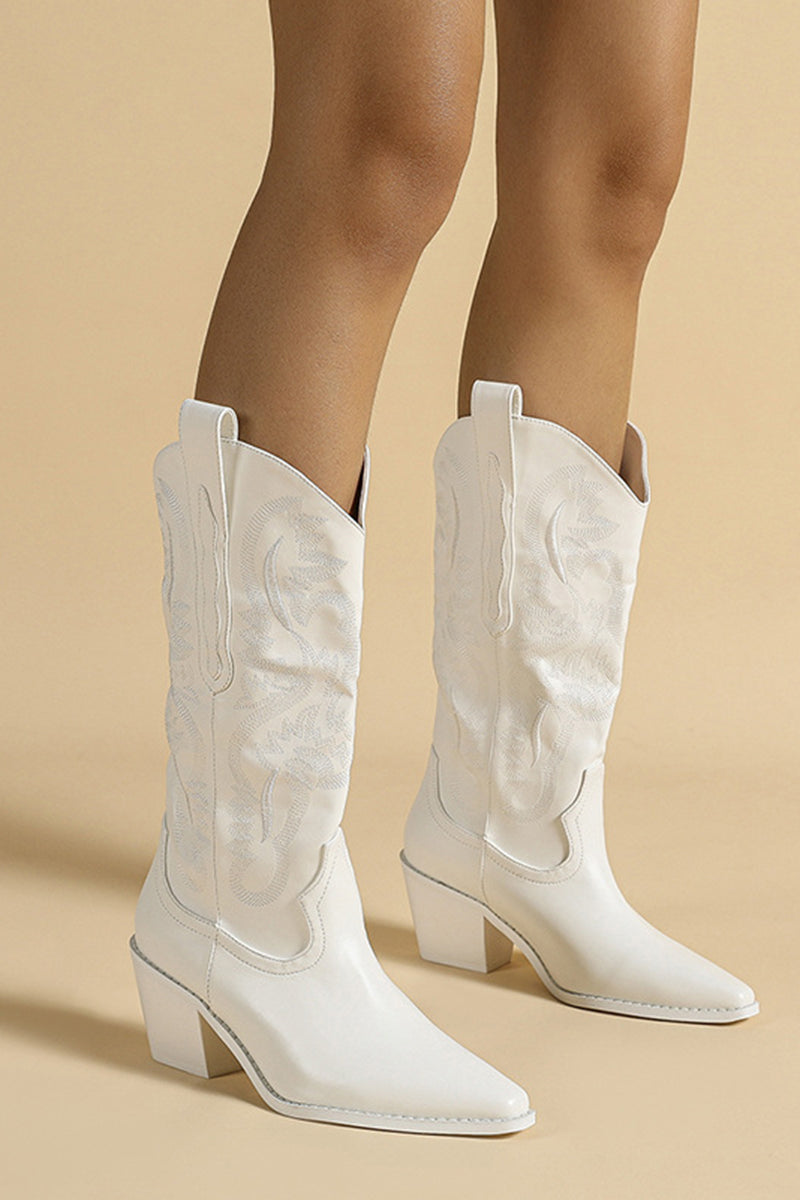 White Pointy Toe Quilted Pattern PU Leather Boots