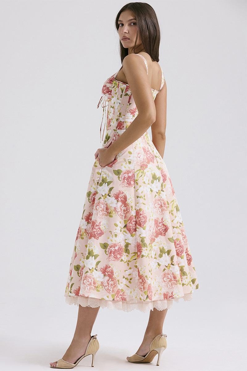 Floral Print Front Tie Up Corset A-Line Garden Party Slip Midi Dresses-Pink