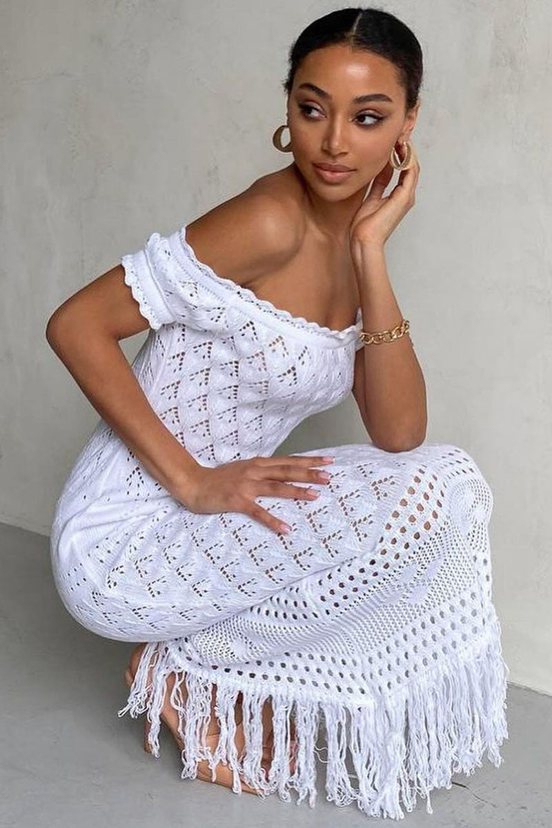 Off Shoulder Hollow Out Boho Knit Fringe Hem Vacation Maxi Dresses-White