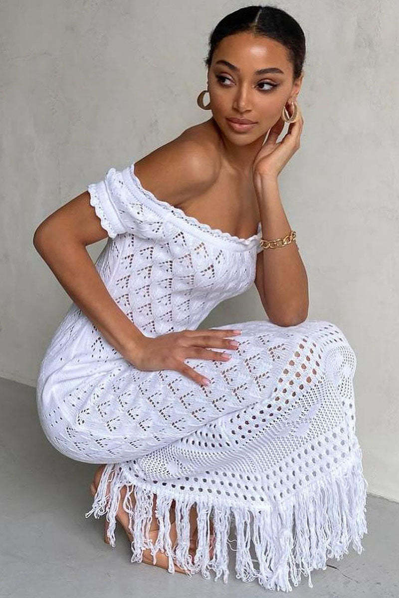 Off Shoulder Hollow Out Boho Knit Fringe Hem Vacation Maxi Dresses-White