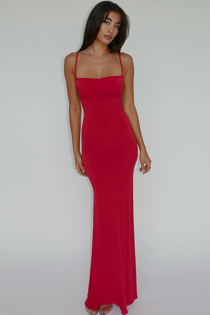 Spaghetti Strap Slim Fit Backless Solid Color Maxi Dresses-Red