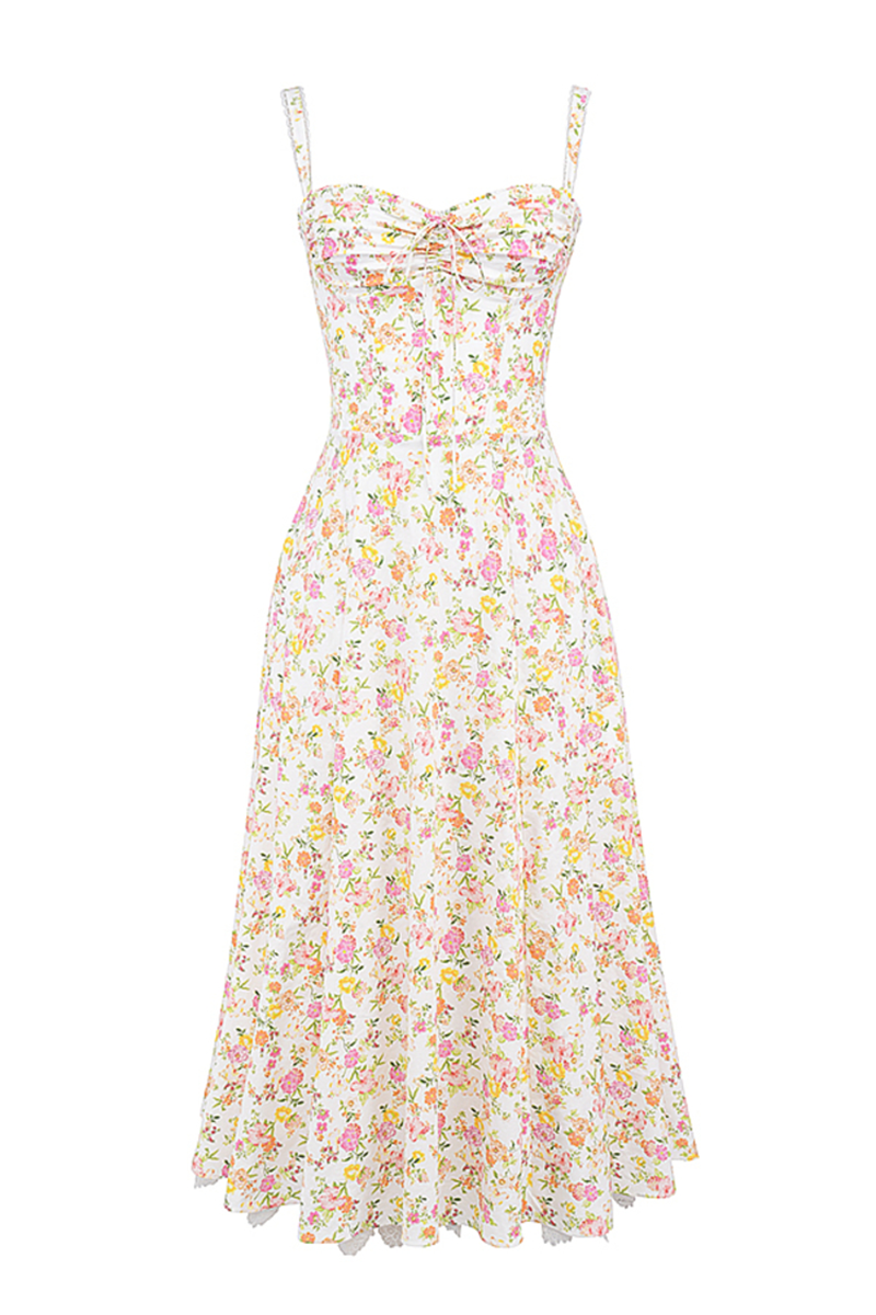 Ditsy Floral Print Sweetheart Neckline A-Line Lace Trim Slip Midi Dresses-White