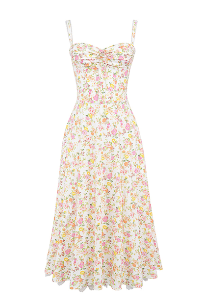 Ditsy Floral Print Sweetheart Neckline A-Line Lace Trim Slip Midi Dresses-White