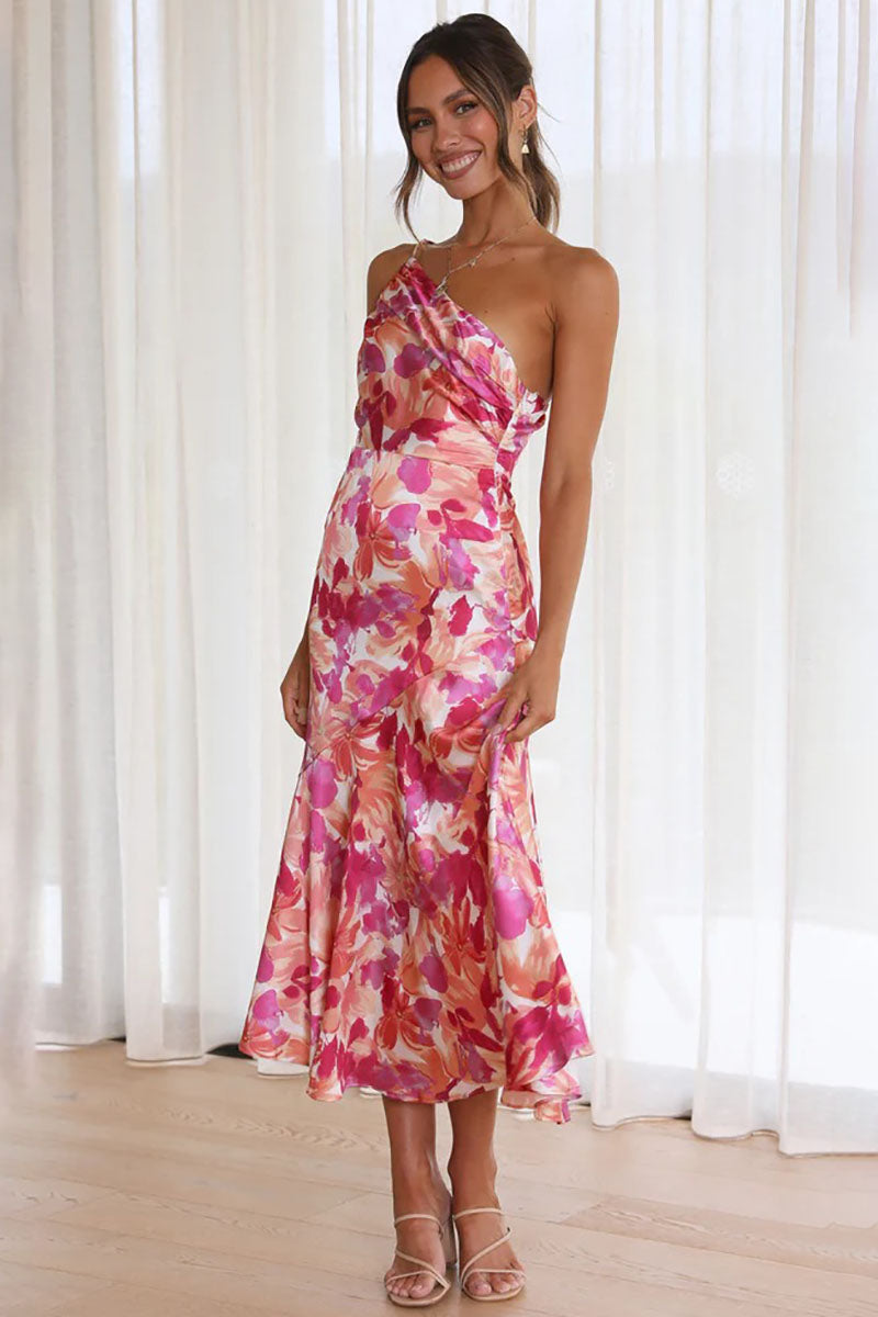 Floral Print One Shoulder Asymmetric Midi Dresses