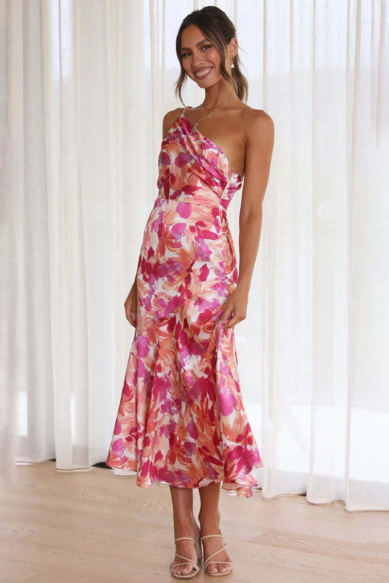 Floral Print One Shoulder Asymmetric Midi Dresses