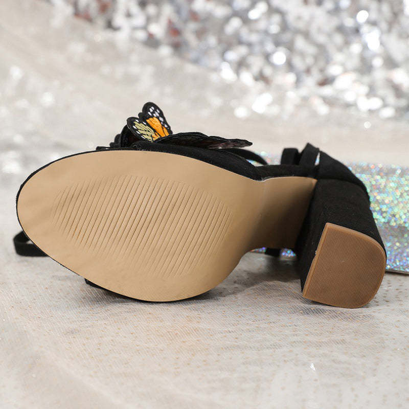 Tie Up Cross Strap Multicolor Embroidered Butterflies Decor Sandal Heels