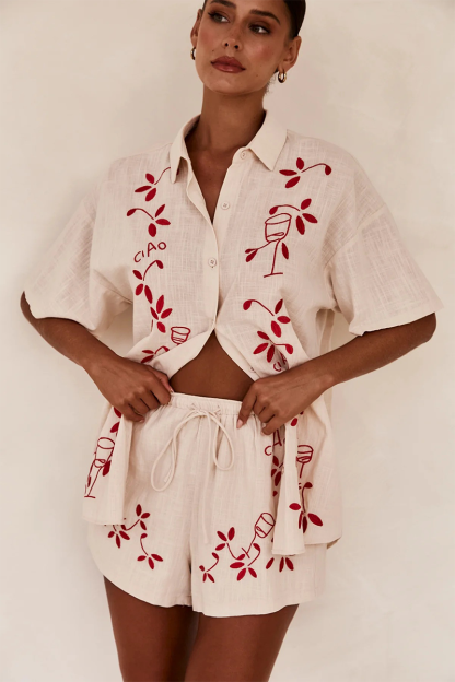 Floral Embroidery Short Sleeve Blouse Elastic Waist Shorts Matching Set-Blue