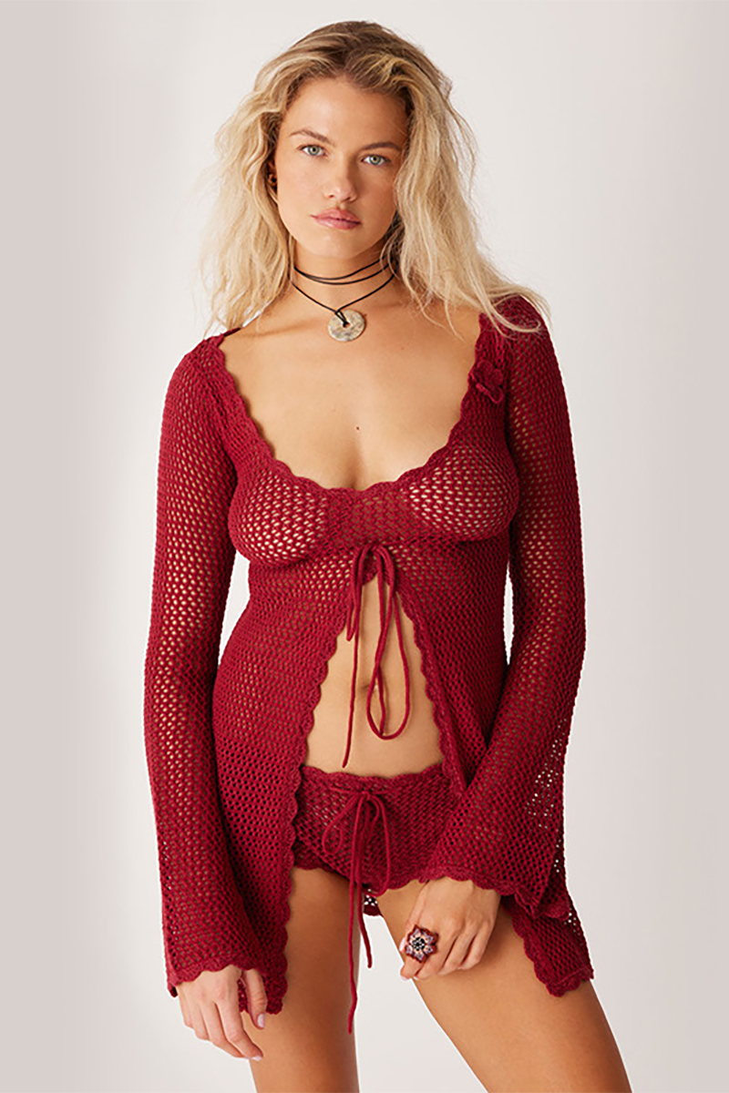 Hollow Out Knit Ripple Trim U Neck Flared Sleeve Slit Front Top Bikini Cover Ups-White