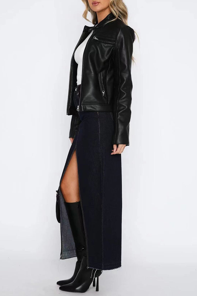 Denim Bodycon Slit Front Pocket Maxi Skirt-Blue