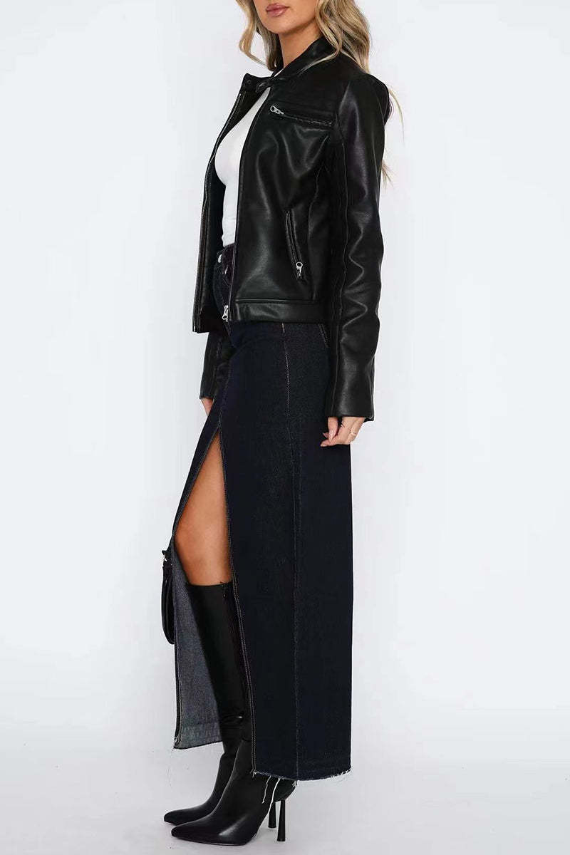 Denim Bodycon Slit Front Pocket Maxi Skirt-Blue