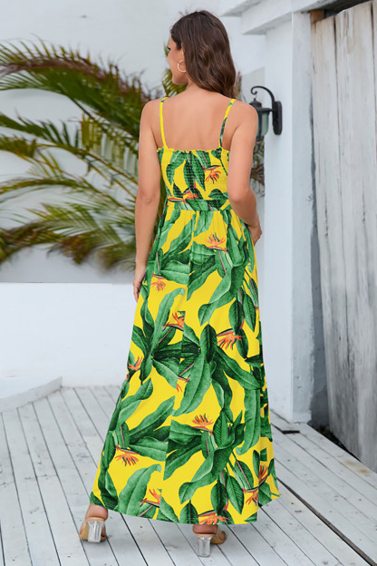 Print Slit Tied Belt Cami Vacation Midi Dresses