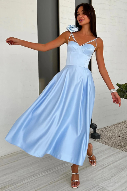 3D Flower Decor Corset A-Line Cutout Gowns Midi Slip Dresses-Blue