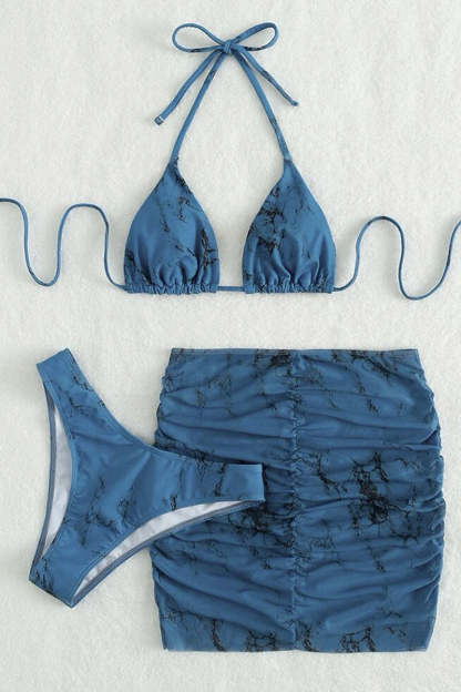 Halter Pattern Print Ruched Mini Skirt Bikini Three Pieces Set