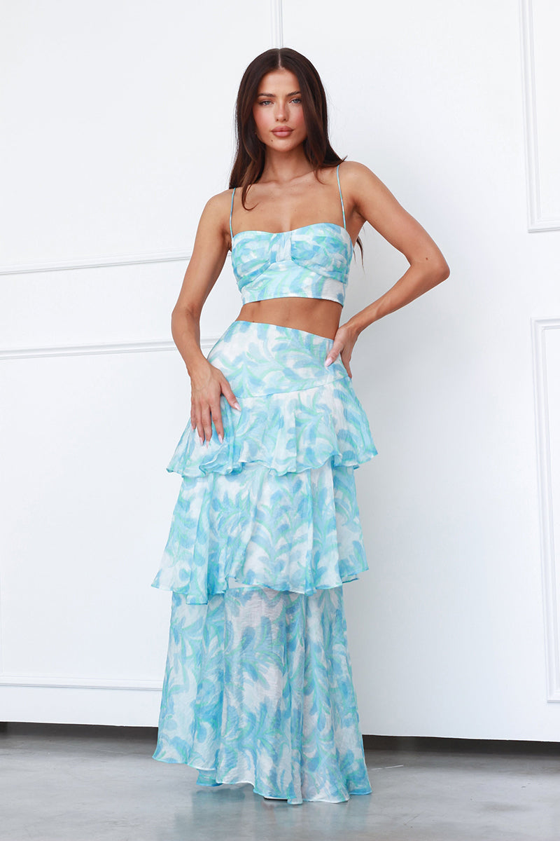 Ruched Sweetheart Neck Sleeveless Crop Top Ruffled Trim Maxi Skirt Pattern Print Matching Set