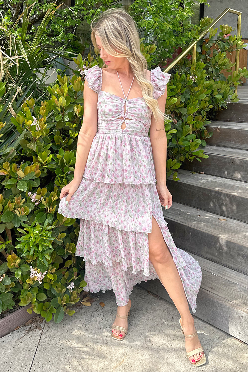 Ditsy Floral Print Ruffled Straps Slit Tiered Midi Dresses-Purple Pre Order