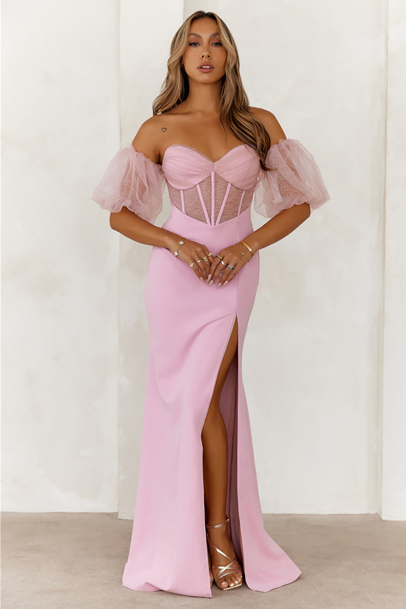 Tulle Patchwork Puff Sleeve Corset High Slit Maxi Dresses-Pink