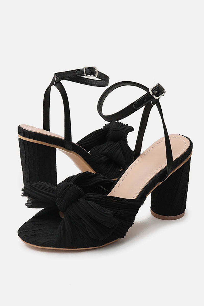 Pleated Bow Ankle Strap Chunky High Heel Sandals